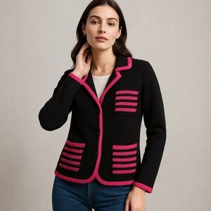 Giannetti Women Wool Jacket PM Black Pink Trim Cardigan Blazer Retro Preppy Twee